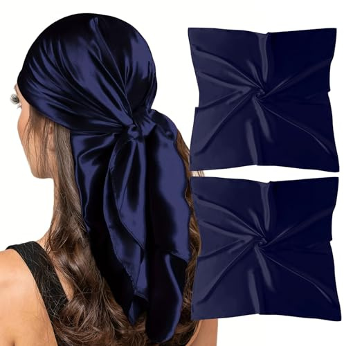 Vimate Huvudduk för Kvinnor - 35 x 35 Tum (90x90cm) Fyrkantig Marinblå Satin Halsduk, Silkesliknande Hårhalsduk för Inslagning på Natten (2-Pack)