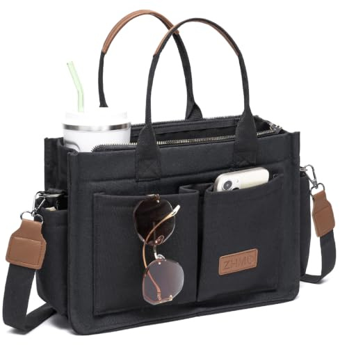 ZHMO Canvas Tote Bag for Women With Compartments and Zipper,Black Women's Bags Crossbody Bags Work Laptop Tote Bag Large Satchels Handbag Tote Purse Everyday Shoulder Bag for Travel Nurse Teacher Gift