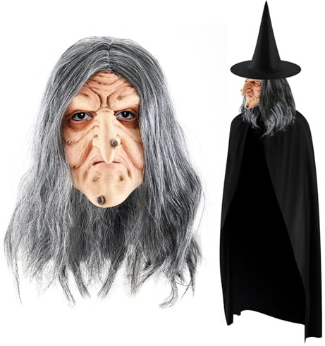 Suilung Hexe Kostüm Damen Faschingskostüme Damen Hexe Alte Hexenmaske mit Perücken Schwarze Hexenhut Schwarzer Umhang mit Kapuze Vollkopf Gruselige Latexmaske Erwachsene für Halloween Karneval