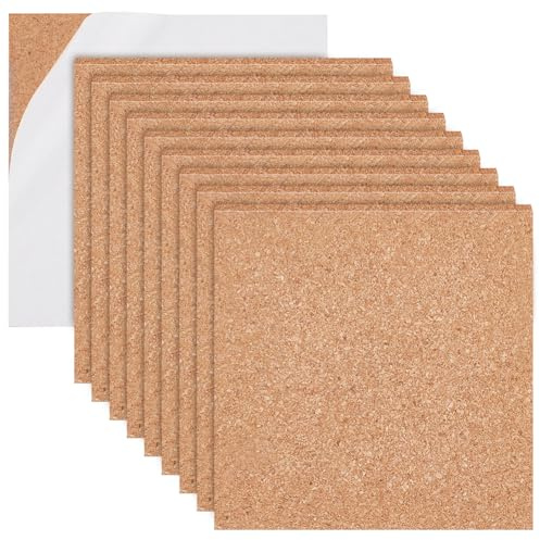BENECREAT 20 Stück Selbstklebende Korkrolle, 3.5mm Dick Quadratische Korkmatte Mit Stark Klebender Rückseite für DIY Kunsthandwerk, Memoboards, Wanddekoration und Pinnwände 10x10cm
