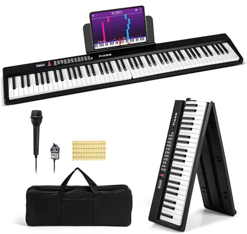 COSTWAY 88-Key Folding Digital Piano Keyboard, Full-Size Semi-Weighted Electric Piano with Microphone, Wireless Connection, Carrying Bag, Portable Keyboard for Beginners, Kids, Adults (Black)