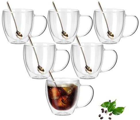 OPTVTAVITA - Juego de 6 tazas de café de vidrio de doble pared, 250ML, tazas de café aisladas con asas, tazas de café transparentes para espresso, café con leche, capuchino, vino, bolsa de té, bebida