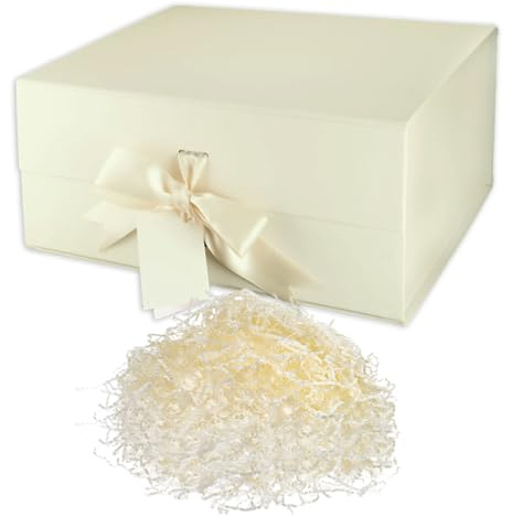 SM SANMARIE Scatola Regalo con Coperchio Magnetico, Scatole Regalo di Alta Qualità, Carta 1200 gr, Set Pacco Regalo con Raffia, Nastro e Bigliettino, Design Bicolore Champagne e Bianco