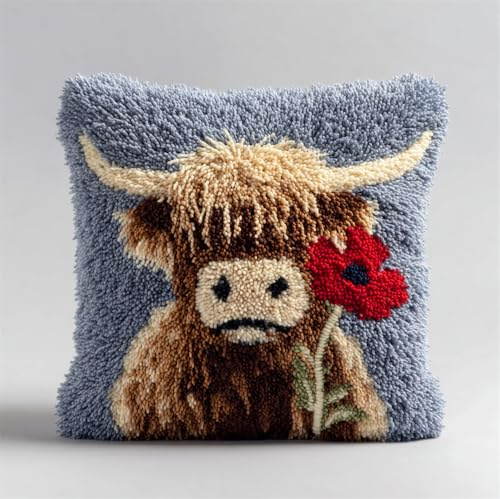 RKFLGEW Latch Hook Kits Pillow Highland Cow and Flower 17X17 in Printed Canvas Cushion Crochet Yarn Needlework Hook Latch DIY Kit Embroidery Pillowcase Rug Cover Home Sofa Christmas Decoration