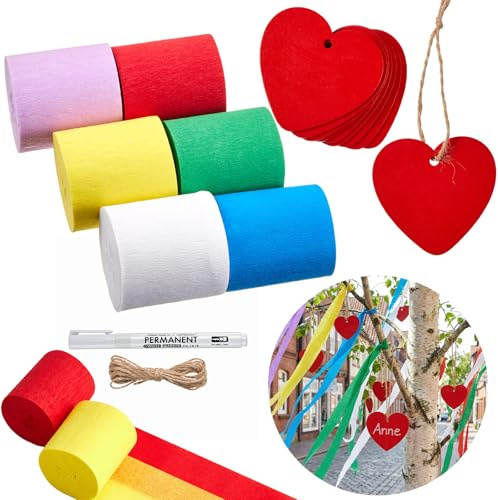 Tenare Set de Decoración para el Día de Mayo Cinta de Papel Crepé de 6 Colores Cintas para el Día de Mayo de 4,5 cm X 10 m 10 Adornos de Madera en Forma de Corazón con Cuerda de 2 m Marcador Blanco