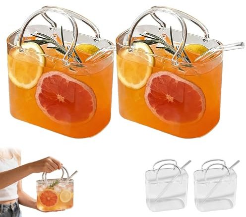 Glass Purse for Drinks Set of 2, Glass Purse Vase, Unique Drinking Glasses with Straws, Cute Cocktail Glasses for Juice, Iced Tea, Flowers, Home Bar Decor (2 Pcs)