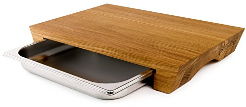 cleenbo® Schneidebrett mit Auffangschale Style Oak Profi Holz Küchenbrett aus geölter Eiche, Großes Schneidbrett mit Auffangbehälter, Holzschneidebrett mit Edelstahl Behälter