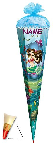 Schultüte - Meerjungfrau mit Fischen 85 cm - incl. Namen - mit Holzspitze/Tüllabschluß - Zuckertüte Roth - Nixe Prinzessinnen Prinzessin für Mädchen