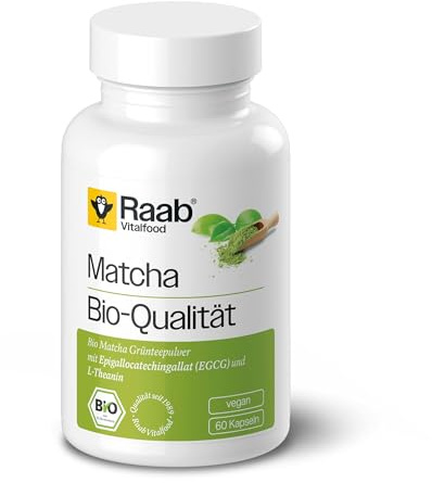 Raab® Bio Matcha Kapseln (60 Stück) - Grüntee-Extrakt aus Japan | b Vitalfood Bio Matcha-Kapseln, 60 Stück, Grüntee-Extrakt aus Japan, Premium Qualität, vegan, glutenfrei, grüner Tee, 1 Monat