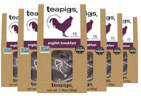Teapigs English Breakfast Tea Bags Made With Whole Tea Leaves, Natural Ingredients, Non-GMO, Classic Morning Blend – 90 Count (6 Packs of 15 Teabags)