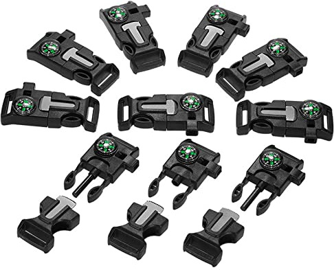 Lixada Lot de 10 boucles en plastique à dégagement rapide avec sifflet et pierre à feu Compatibles avec les bracelets Paracord Parfait pour le camping ou les urgences Boucle de survie, Lot de 10