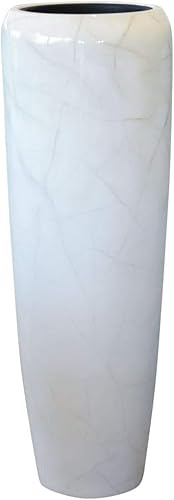 VIVANNO Pflanzkübel Cavita - Bodenvase Weiß Marmor Hochglanz 34x97 cm | Exklusive hohe Blumenvase aus Fiberglas für Innen & Außen, mit praktischem Kunststoffeinsatz, edler runder Rand