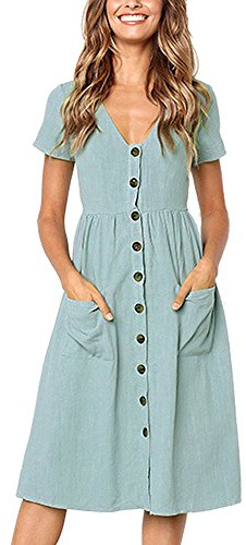 Summer Dresses for Women Casual Midi Dress Short Sleeve Shirt Dress V Neck Button Decoration Swing A Line Tunic Dress with Pockets Size L = UK 12-14 Light Green