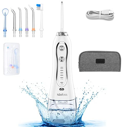 H2ofloss Water Flosser Professional Cordless Dental Oral Irrigator - Portable and Rechargeable IPX7 Waterproof Water Flossing for Teeth Cleaning,300ml Reservoir Home and Travel (HF-6)
