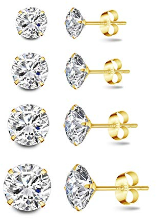 Deyanse Damen Silber Ohrstecker, 4 Paare 925 Sterling Silber Gold Zirkonia Ohrringe Set, Hypoallergen Unisex Klein Schlafen Knorpel Ohrstecker mit Zirkonia, Ohrringe Größe in 3, 4, 5, 6mm