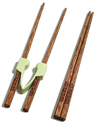 JaSiTeBW Chopstick Helper Training Set - Easy-to-Use Learning Chopsticks for Adults, Auto-Return Design with Silicone Trainer for Hand Tremor & Arthritis Assistance (2 Pairs Wooden Chopsticks)