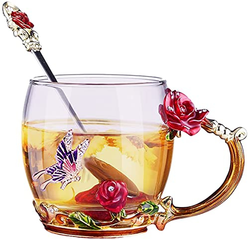 Leeppyton Enamels Butterfly Flower Glass Coffee Mugs Flower Tea Cup with Spoon,Great Gift for Mother Wife Girl Friend Teacher,Suitable for Birthday,Valentine’s Day,Mother’s Day,Wedding Anniversary
