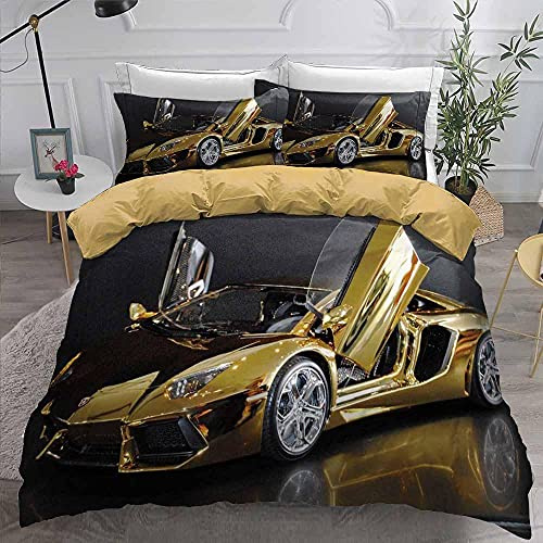 WHUOEUCO Bettwäsche Set Goldener Sportwagen 135x200 cm Bettbezug, Weich Atmungsaktiv Polybaumwolle Reißverschluss 3teilig Bettwäsche mit 2 Kissenbezug 80x80 cm, für Kinder Erwachsene und Jugendliche