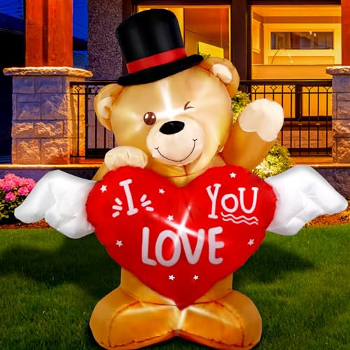 AerWo 4 FT Valentines Day Inflatable Teddy Bear Outdoor Decoration with Love Heart, LED Light Up Blow Up Yard Decoration Sweet Valentines Gift for Wedding Propose Holiday Indoor Party Supplies Décor