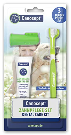 Canosept Zahnpflege Hund (3-teiliges Set) - Hundezahnbürste – Hundezahnpasta – Fingerlinge Hunde - Zahnbürste Hund - Hunde Zahnpflege - Zur Zahnreinigung Hund bei Mundgeruch Hund - Zahnstein Hund