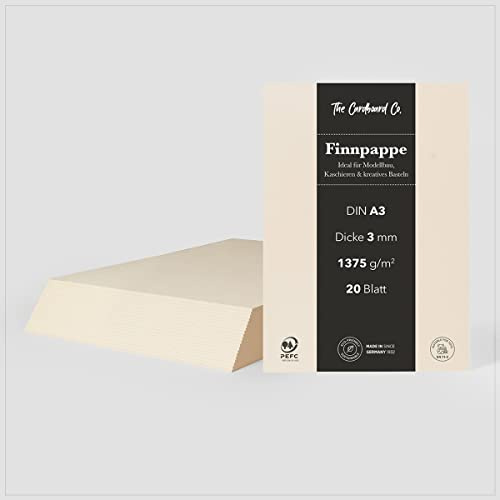 TheCardboardCo Finnpappe, 3 mm (1.375 g/m²), DIN A3 (297 x 420 mm), 20 Blatt, Holzpappe für Modellbau, Kaschieren & kreatives Basteln, naturweiss