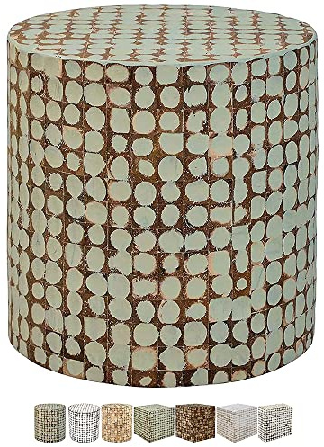 East at Main Round Side Table - Real Coconut Shell Mosaic Inlaid, Pre-Assembled, Natural Wood and Patina Finish (Sage Green)