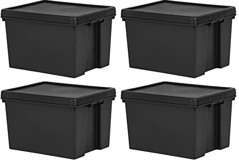 JMS we create smile (𝐒𝐞𝐭 𝐨𝐟 𝟒) 45L 45 Litre Black Heavy Duty Recycled Plastic Storage Box Stackable and Nesttable Containers With Lid (Black)