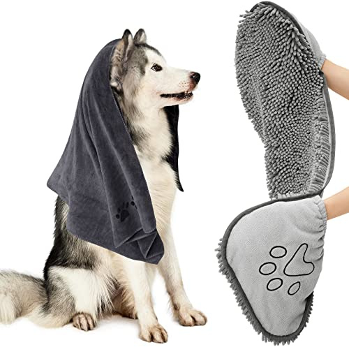 HOMEIDEAS 2 Pack Dog Towels Set, Chenille and Microfiber, Super Absorbent Soft Bath Shammy Towel with Hand Pockets for Pets Drying