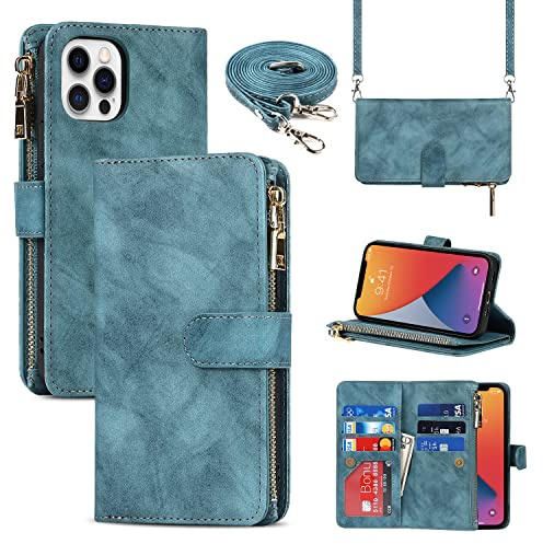 Cavor Crossbody iPhone 12/12 Pro Case With Card Holder With Strap,Flip Leather Wallet Case,[9 Card Holder] Zipper Detachable Lanyard Phone Case Cover for Women for iPhone 12/12 Pro - Light Blue