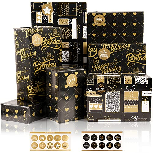 MAMUNU Geschenkpapier Geburtstag, 6 Blatt Schwarzgold Geschenkpapier mit Aufklebern, Schwarzes Gold Geschenkverpackung Papier für Geburtstag Abschlussfeiern Valentinstag Babyparty,70x 50cm