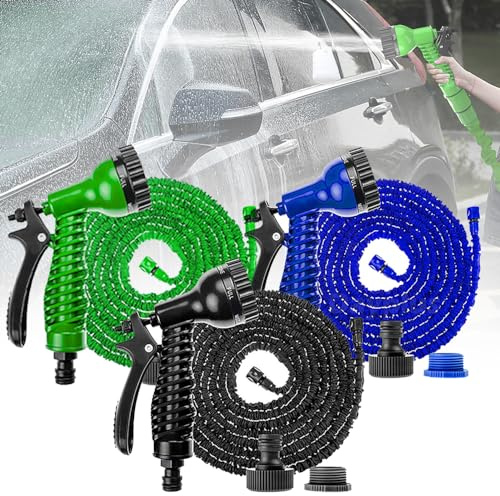 100ft Green Expandable Garden Hose Pipe Expanding Water Hose with 7 Watering Modes Spray Gun, Flexible Water Hose Pipes, Anti-Leakage Non-Kink Lightweight Magic Hose for Watering Washing Cleaning