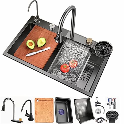 Küchenspüle Schwarz Edelstahl Spüle Neu Wasserfall Spüle Waschen Abfluss Schnitt 3 in 1 Home Utility Spüle mit Wasserhahn-Armaturen (Dunkelgrau, 75 * 45cm)