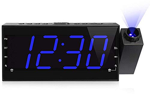 ATAAY Reloj Despertador De Proyección, Radio Despertador con Proyector Y Gran Pantalla LED, La Pantalla Se Puede Atenuar, Despertador Digital con 2 Alarmas, Función Snooze, Conexión USB,Blanco