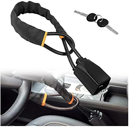 CGEAMDY Steering Wheel Lock, Seat Belt Locks, Car Anti-Theft Security Device, Theft Prevention Auto Safety, Wire Cable Lock Car Saetbelt, Universal Most Vehicles Truck SUV Van(Black), 4.5x5.7x66.5cm