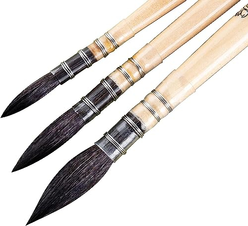 COOZEE Künstler-Pinsel, Professioneller Aquarellpinsel aus natürlichem Eichhörnchenhaar, rundes, spitzes Pinselset perfekt für Aquarellfarben, Gouache-Acrylmalerei(3 Pinsel)