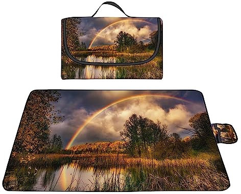 TengYuer Picknickdecke 180x200cm Stranddecke Wasserdicht Sandfrei Isoliert Faltbar Strandmatte mit Tragegriff Outdoor Campingdecke XXL für Camping Parks Strände Picknick Herbst-Landschaft