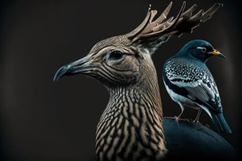 adrium Acryl-Bild 120 x 80 cm: Vogel mit Geweih und einem blauen Vogel auf schwarzem Hintergrund. (203967649)
