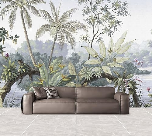 Papier Peint Arbres Tropicaux Panoramique 3D forêt Tropicale Tropicale Cocotier Papier Peint Lac Plante Murale Salon Chambre à Coucher Maison Décoration Intérieure (300x210 cm)
