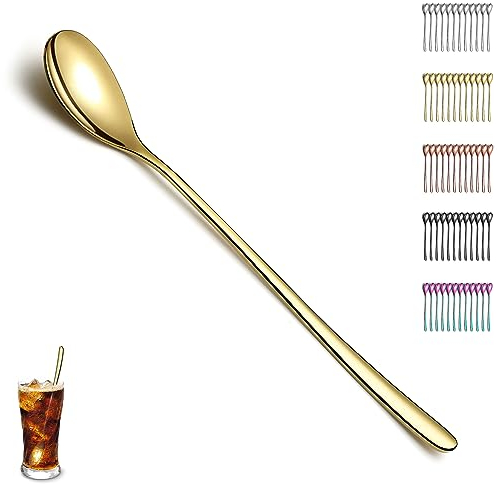 Evanda Eisteelöffel, goldfarben, langer Griff, Titanbeschichtung, Edelstahl, Teelöffel, Rührstab, Kaffee, Eis, Cocktaillöffel, spülmaschinenfest, 12 Stück