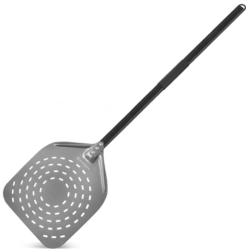 SOUTHGATE Pizzaschieber Perforiert - 30 x 35 x 120 cm Perforierte Pizzaschaufel aus Hart Eloxiertes Aluminium, Pizzawender mit Langem Abnehmbarem Silikongriff, Pizzaheber für Backofen Pizzaofen