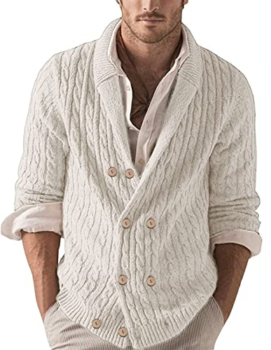 Cardigan doppiopetto da uomo slim fit giacca casual colletto alto doppio petto cardigan lavorato a maglia con bottoni e tasche autunno inverno cardigan da uomo, bianco, L