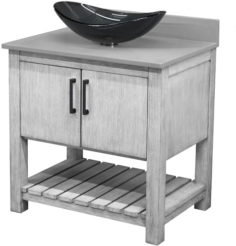 Miseno MV-30SG-NOBV-280-324G 30 Free Standing Single Basin Vanity Set with Cabinet, Oval Glass Vessel Sink and Grey Quartz Vanity Top - Stonewash Grey/Storm Grey Top/Matte Black Hardware
