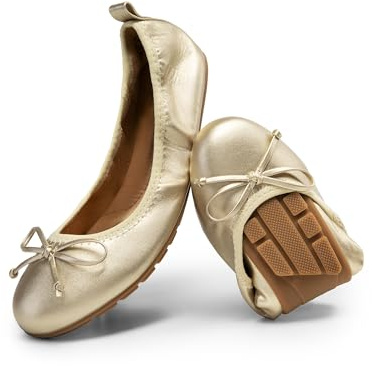 DREAM PAIRS Women's Flats, Foldable Ballet Flats for Women, Bowknot Round Toe Comfort Light Weight Slip-On Dress Shoes Gold Size 7 SDFA2409W