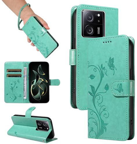 SRISHP Hülle für Xiaomi 13T Pro / 13T Handyhülle, Grün | Premium PU Leder, Handyhülle Mit Band, Magnet Flip Case, Kartenfächer, Ständer Klappbar Tasche, Standfunktion Schutzhülle