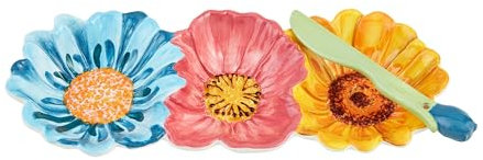 Mud Pie Triple Flower Tidbit, plato de 4 1/2 x 11 pulgadas, esparcidor de 5 1/2 pulgadas, rosa