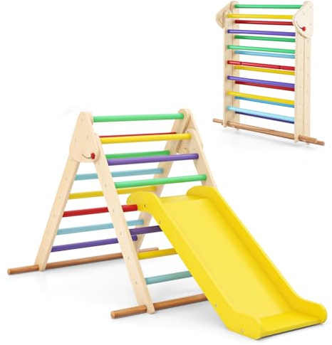 COSTWAY Toddler Climbing Frame, Folding Kids Triangle Climber with Slide, Wooden Indoor Montessori Play Gym for Boys Girls 1+ Years Old (Multicolor)
