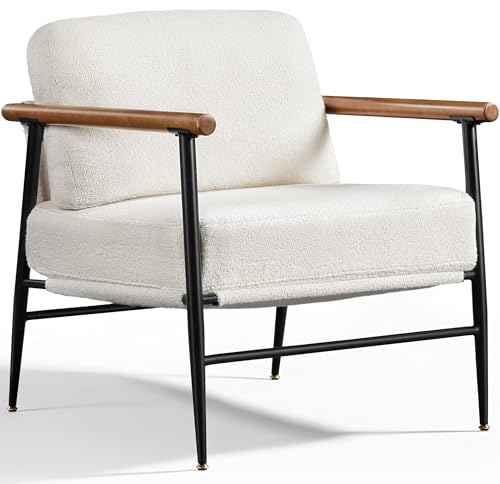Yaheetech Gepolsterter Sessel mit Armlehnen, Loungesessel mit Metallrahmen, Fernsehsessel aus Bouclé-Gewebe, für Wohnzimmer/Schlafzimmer, Elfenbein