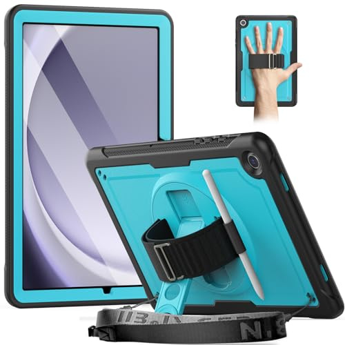 Timecity for Samsung Galaxy Tab A9 Plus Case 11 2023 (SM-X210/X215/X216) | Shockproof Cover with Screen Protector,Stand/ Rotating Hand Strap,Pencil Holder, Heavy Duty Cover for Tab A9+ Tablet, L Blue