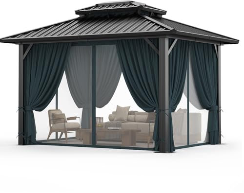 HOTEEL Hardtop-Pavillon, Aluminium-Pavillons mit verzinktem Stahl, Doppeldach, Metallpavillon mit Vorhängen und Netz, permanente Hardtop-Pavillons, Stahlpavillon für Hinterhof, Garten und Terrasse,