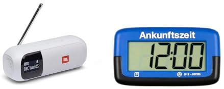JBL Tuner 2 Radiorekorder in Weiß – Tragbarer Bluetooth Lautsprecher mit MP3 & Needit Park Micro elektronische Parkscheibe mit Zulassung I Digitale Parkuhr Mikro blau mit Batterie u. Montage Zubehör